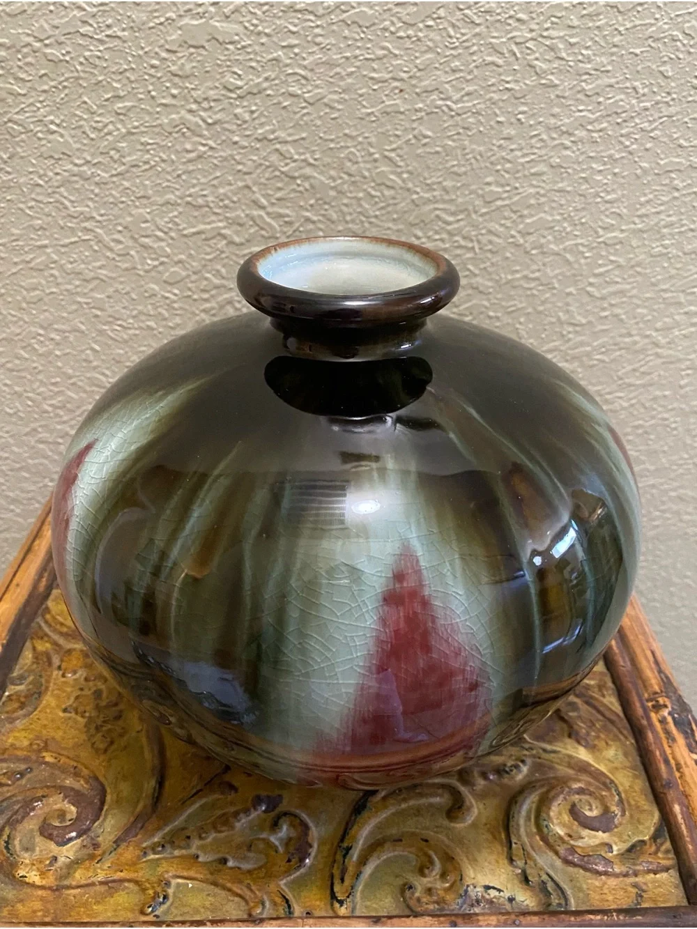 Exquisite Iridescent Studio Art Pottery Bulbous Vase Glazed Ceramic Flower Pot
